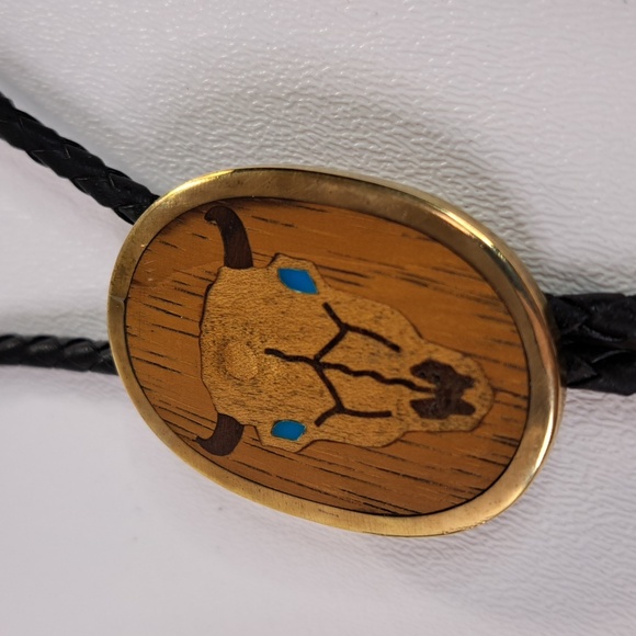 Vintage Buffalo Head Inlay Exotic Wood Brass Bolo With Turquoise Eyes - Picture 4 of 12